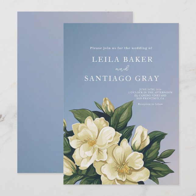 Inbjudan till elegant Magnolia-bröllop (Fram/baksida)