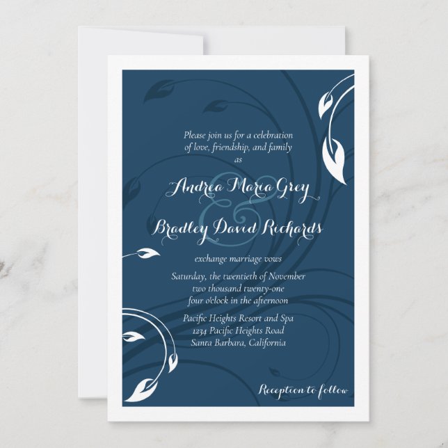 Inbjudan till elegant Marine Blue White Wedding (Framsida)
