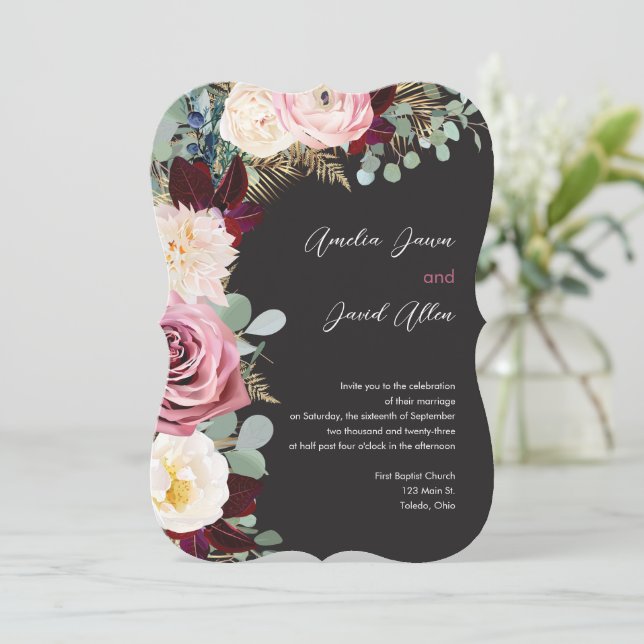Inbjudan till elegant Mauve & Moody Black Wedding (Stående Fram)