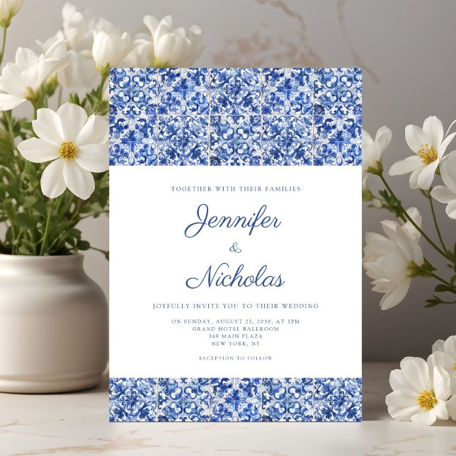 Inbjudan till elegant Mediterranean Blue Tiles Brö (Elegant Mediterranean Blue Tiles Wedding Invitation)