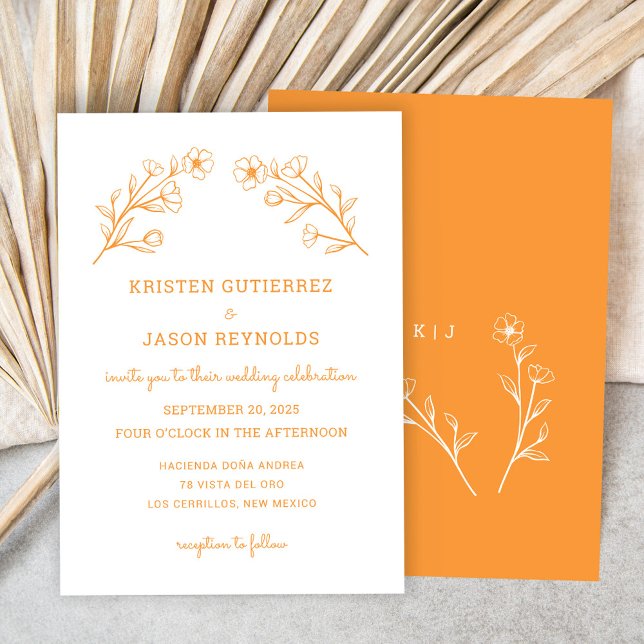 Inbjudan till elegant minimalt Wildblomsbröllop (Elegant Minimal Wildflower Wedding Invitation, Sunset)