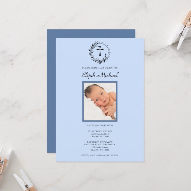 Inbjudan till elegant Modern Blue Photo Baptism (Fram/Back In Situ)