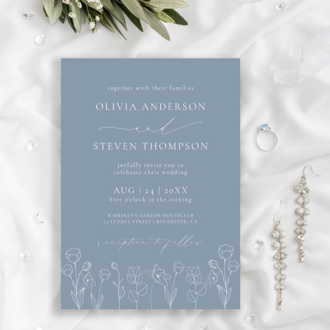 Inbjudan till elegant Modern Flora Dusty Blue Wedd (Skapare uppladdad)