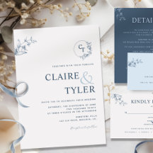 Inbjudan till elegant Modern Monogram Blue Wedding