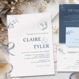 Inbjudan till elegant Modern Monogram Blue Wedding