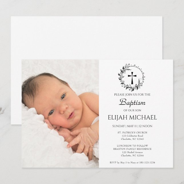 Inbjudan till elegant Modern White Photo Baptism (Fram/baksida)