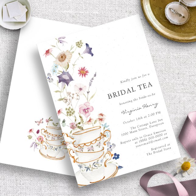 Inbjudan till elegant Möhippa Tea Blommigt (Elegant Bridal Tea Wildflower Floral Invitation by Painted Paperie
)