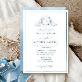 Inbjudan till elegant Monogram Blue Watercolor Brö