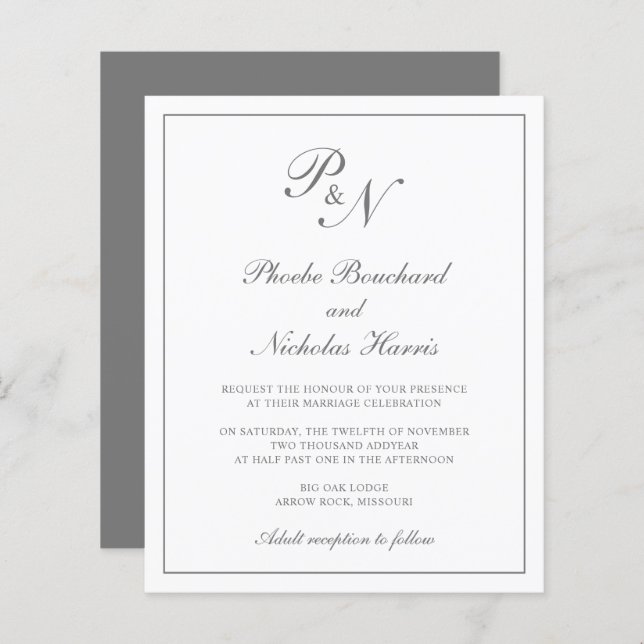 Inbjudan till elegant Monogram Grått Budget Weddin (Fram/baksida)