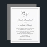 Inbjudan till elegant Monogram Grått Budget Weddin<br><div class="desc">Traditionell bröllopsinbjudan till stil-budget med en enkel och klassisk design med dina två första monogram och namn i en elegant kalligrafi inuti ett tunt gräns. All inslag är i mellanliggande grått över en vit bakgrund och kan ändras i designredigeringsverktyget i verktyg. Denna klassutformning är perfekt för ett formellt bröllop.</div>
