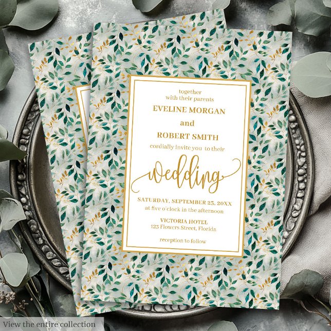 Inbjudan till elegant Mörk grönt Guld-bröllop (Elegant Dark Green Gold Foliage Wedding Invitation)