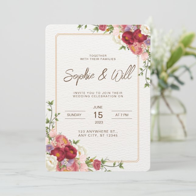 Inbjudan till elegant Mörk Red Flower Wedding (Stående Fram)