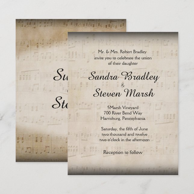 Inbjudan till elegant Music Wedding (Fram/baksida)
