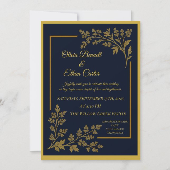 Inbjudan till elegant Navy Blue & Gold Foil Weddin (Framsida)