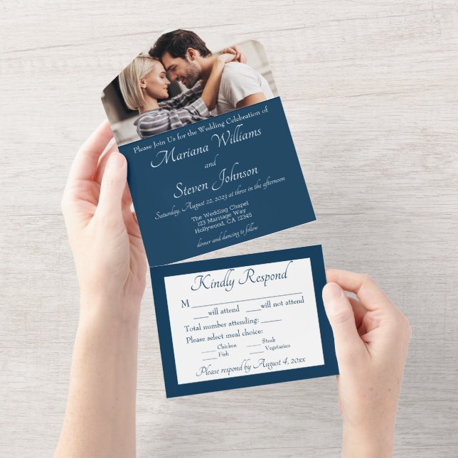 Inbjudan till elegant Navy Blue Photo Wedding (Tearaway)