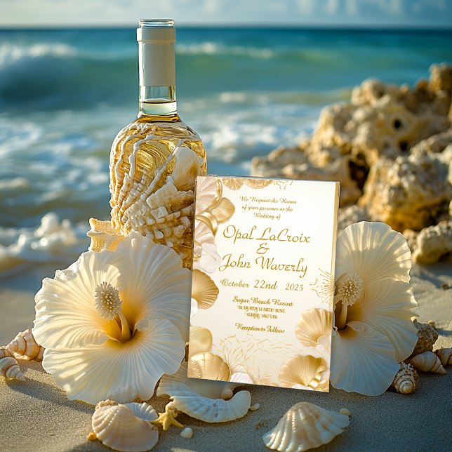 Inbjudan till elegant Opal och Guld Seashell-bröll (Elegant Coastal Destination Wedding Opal and Gold Seashells Wedding Invitation )