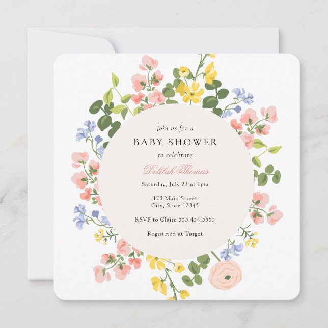 Inbjudan till elegant Pastel Blommigt Baby Shower (Framsida)
