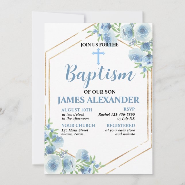 Inbjudan till elegant Pastel Blue Blommigt Baptism (Framsida)