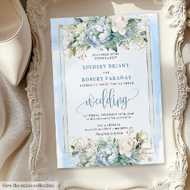 Inbjudan till elegant Pastel Blue White Guld Peoni