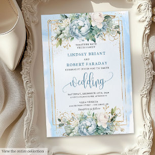 Inbjudan till elegant Pastel Blue White Guld Peoni