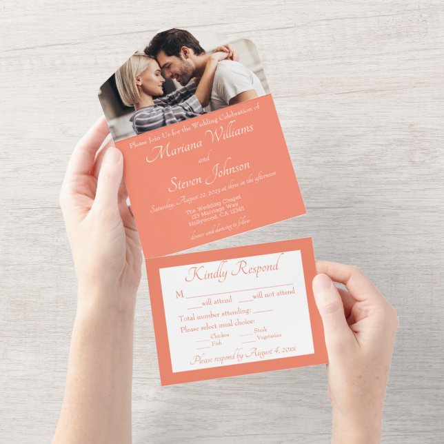 Inbjudan till elegant Peach Photo Wedding (Avrivbar del)