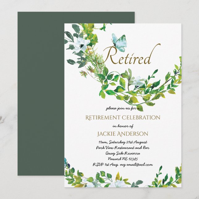 Inbjudan till elegant PENSION Botanical Grey (Fram/baksida)