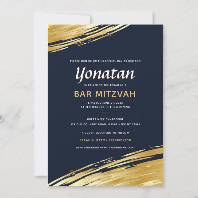 Inbjudan till elegant Pub Mitzvah Navy Blue Guld (Baksida)