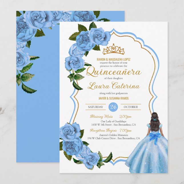 Inbjudan till elegant Quinceanera Light Blue Ro (Fram/baksida)