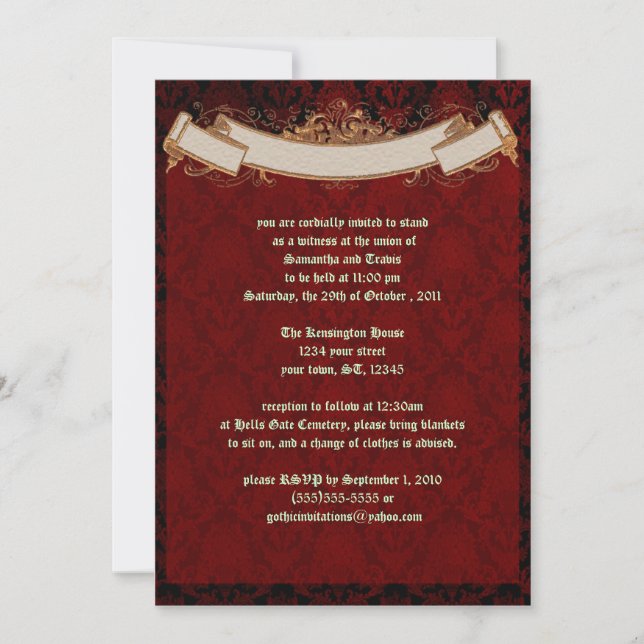 Inbjudan till elegant Red Damask Goth Wedding (Framsida)