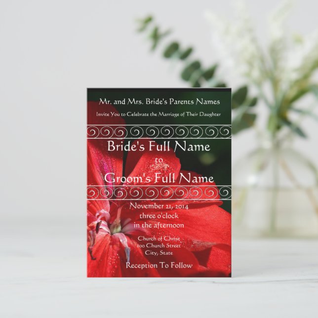 Inbjudan till elegant Red Flower Wedding Vykort (Stående Fram)