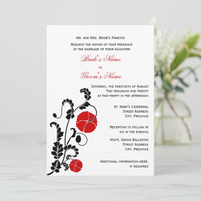 Inbjudan till elegant Red Poppy Wedding (Stående Fram)