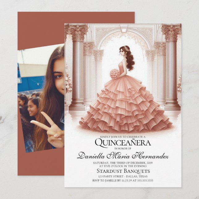 Inbjudan till elegant Ro Quinceañera (Fram/baksida)