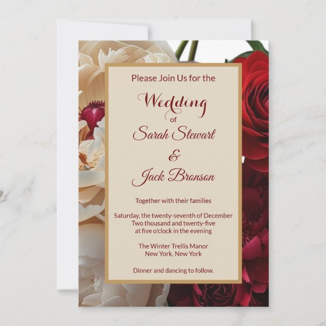 Inbjudan till elegant Röd ros & Cream Peony Weddin (Framsida)