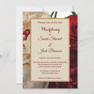 Inbjudan till elegant Röd ros & Cream Peony Weddin