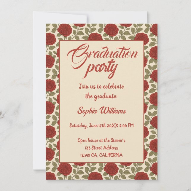 Inbjudan till elegant Röd ros Studenten med foton (Framsida)