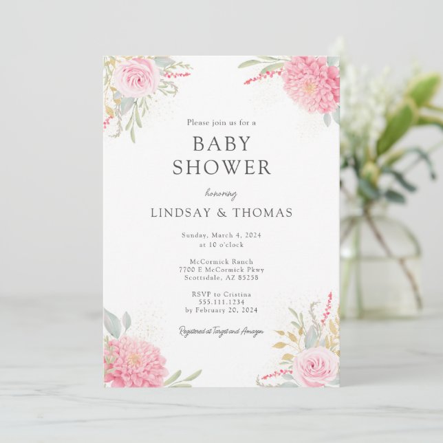 Inbjudan till elegant Rosa Blommigt Baby Shower (Stående Fram)