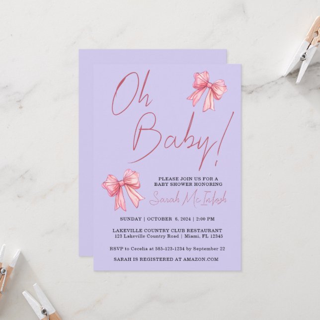 Inbjudan till elegant Rosa Bow Baby Shower (Fram/Back In Situ)