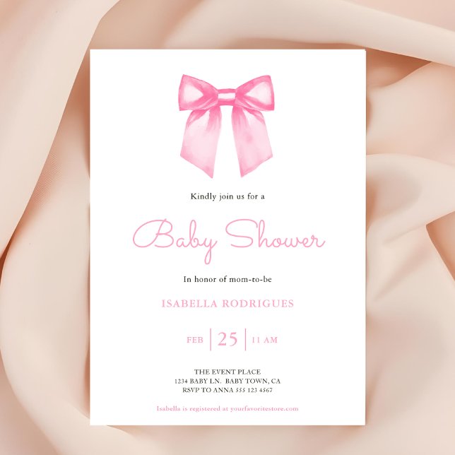 Inbjudan till elegant Rosa Bow Baby Shower (Invite shown in 5 x 7 inches, choose size, paper and corner style. Buy print or digital invitations)