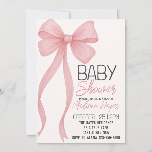 Inbjudan till elegant Rosa Bow Baby Shower (Framsida)
