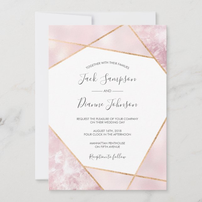Inbjudan till elegant Rosa & Guld Geometic Wedding (Framsida)