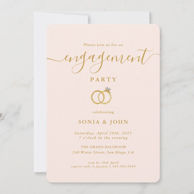 Inbjudan till elegant Rosa och guld förlovningsfes (Framsida)