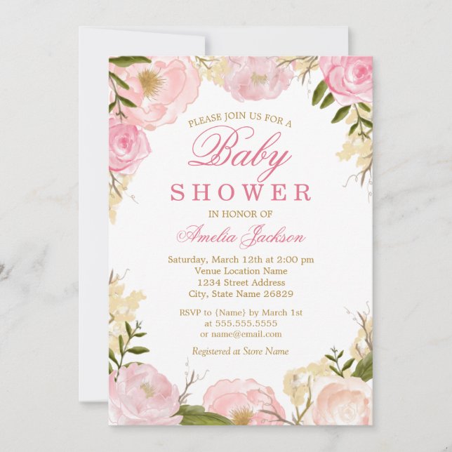 Inbjudan till elegant Rosa ros Baby Shower (Framsida)