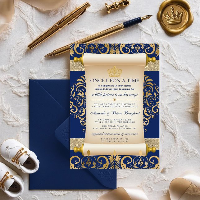 Inbjudan till elegant Rulla Prince Baby Shower (Boy Royal Prince Baby Shower | Blue Royal Baby Shower)