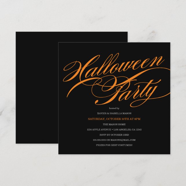 Inbjudan till elegant Script Halloween fest (Fram/baksida)