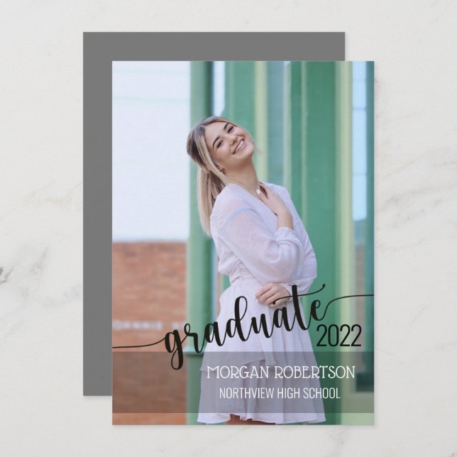 Inbjudan till elegant Script Photo Studenten (Fram/baksida)