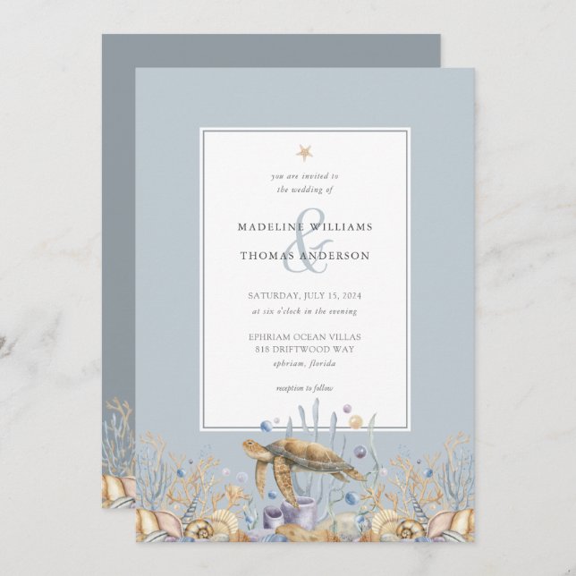 Inbjudan till elegant Sea Turtle Ocean Wedding (Fram/baksida)