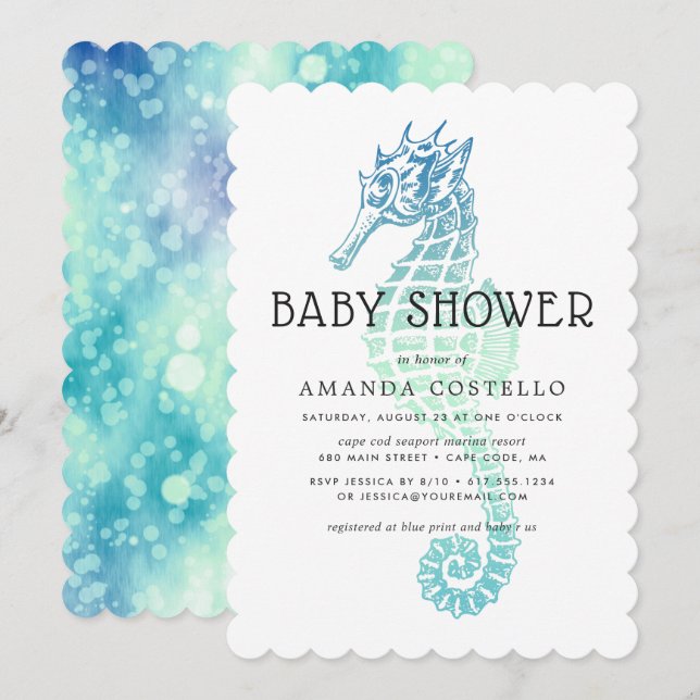 Inbjudan till elegant Seahorse Baby Shower (Fram/baksida)