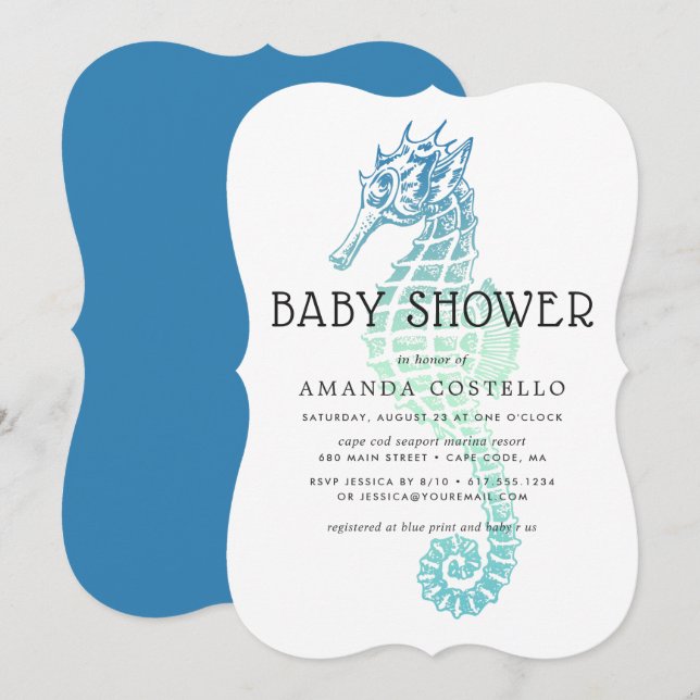 Inbjudan till elegant Seahorse Baby Shower (Fram/baksida)