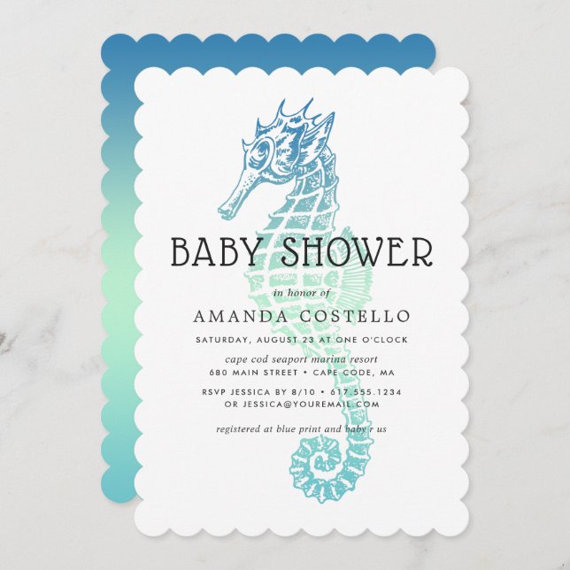 Inbjudan till elegant Seahorse Baby Shower (Fram/baksida)