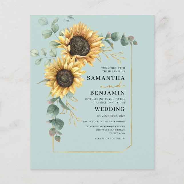 Inbjudan till elegant Solros Eucalyptus Wedding (Framsida)